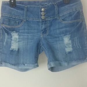 Shorts jeans blue denim stretch distressed fringed